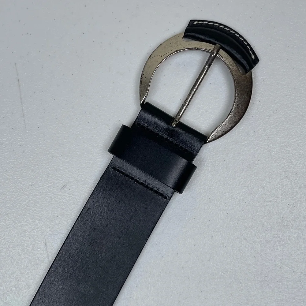 Vintage Eddie Bauer Leather Belt Women M Black Silver Crescent Buckle Western